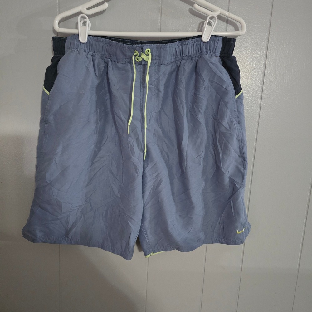 Nike Swim Trunks Mens L Blue Neon Lime Colorblock‎ Drawstring Shorts 3977